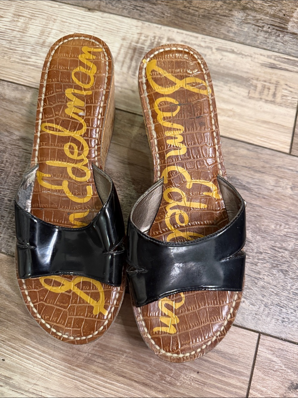 Sam Edelman Black Patent Croc-Embossed Slide Sandals
